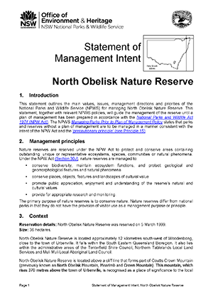 North Obelisk Nature Reserve Statement of Management Intent cover