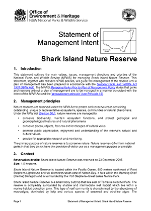 Shark Island Nature Reserve Statement of Management Intent