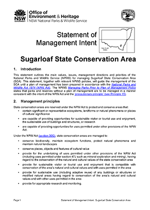 Sugarloaf State Conservation Area Statement of Management Intent cover