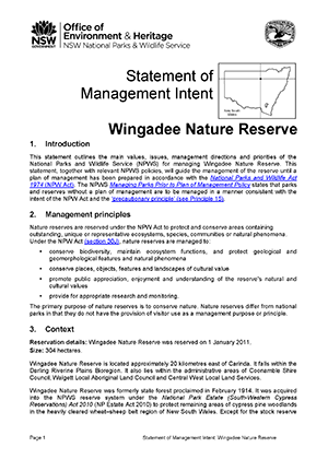 Wingadee Nature Reserve Statement of Management Intent