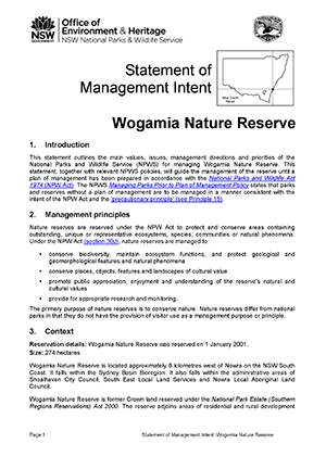 Wogamia Nature Reserve Statement of Management Intent cover