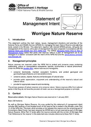 Worrigee Nature Reserve Statement of Management Intent cover