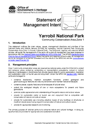 Yarrobil National Park Statement of Management Intent cover