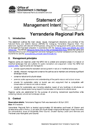 Yerranderie Regional Park Statement of Management Intent