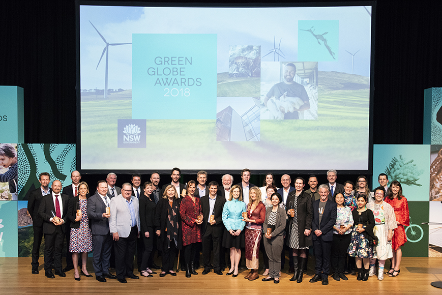 2018 Green Globe Awards winners group photo with Minister for the Environment, Gabrielle Upton