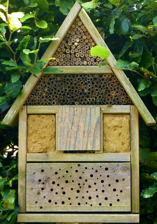 Image of the front of a wooden insect hotel with pitched roof and small holes for insects to enter.