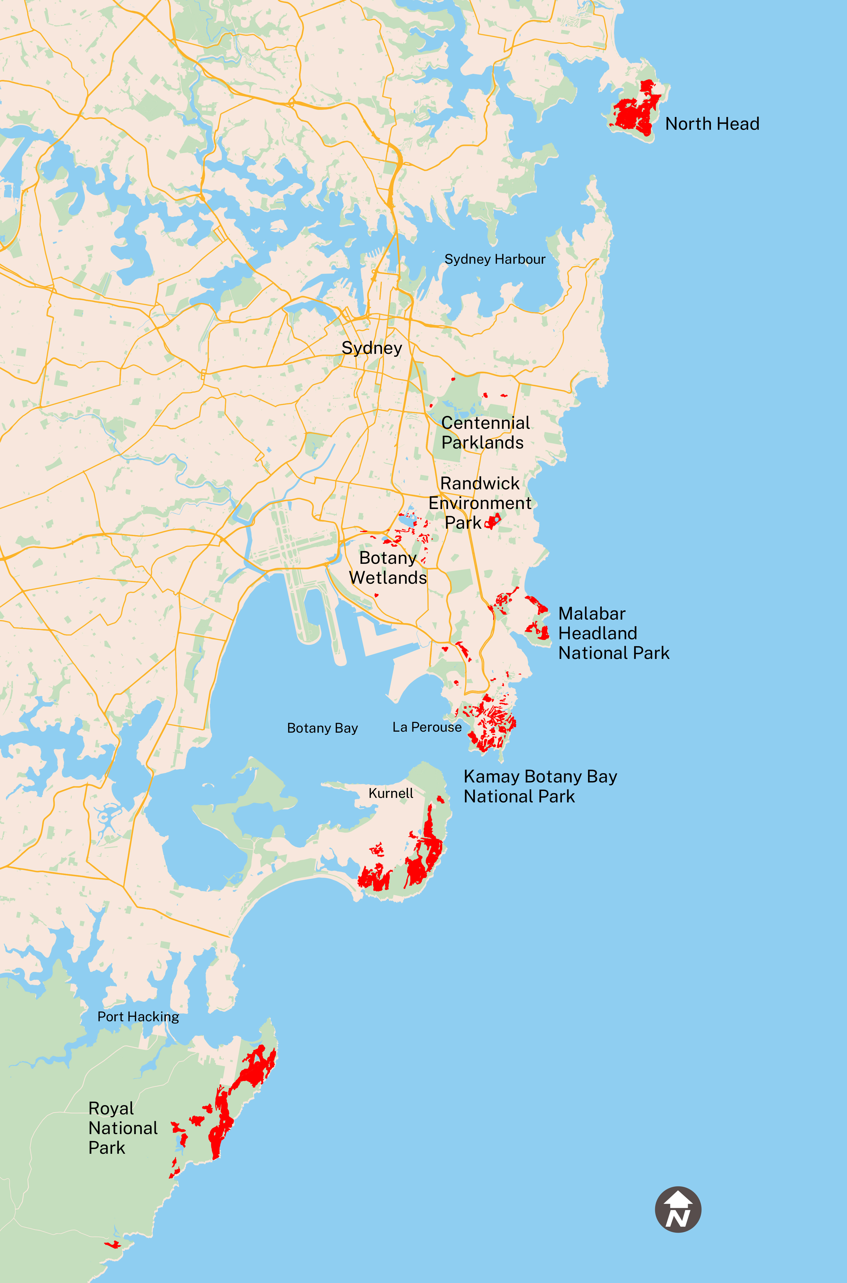 Map showing Eastern Suburbs banksia scrub remnants indicated in red in 2021, from Royal National Park to Manly, NSW.