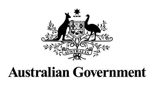 Australian Government coat of arms logo in black and white, featuring kangaroo on left of shield and emu on right of shield
