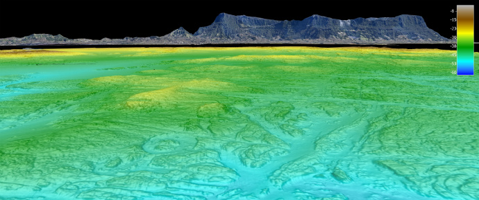 A false colour three-dimensional terrain model of the seabed off Wollongong, each colour representing a different depth within the 'bathymetry' surface