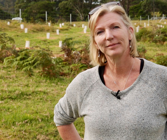 South Coast Landholder Sally Pryor repaired riparian vegetation & fenced off stock from her propertys creek to help improve downstream water quality