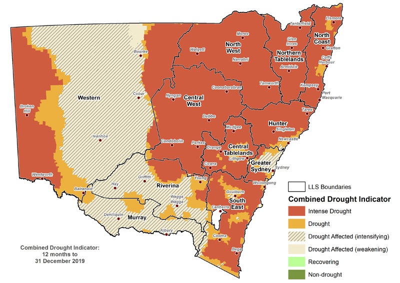 Map of the Department of Primary Industries verified NSW conmbined drought indicator - 12 months to 30 November 2019