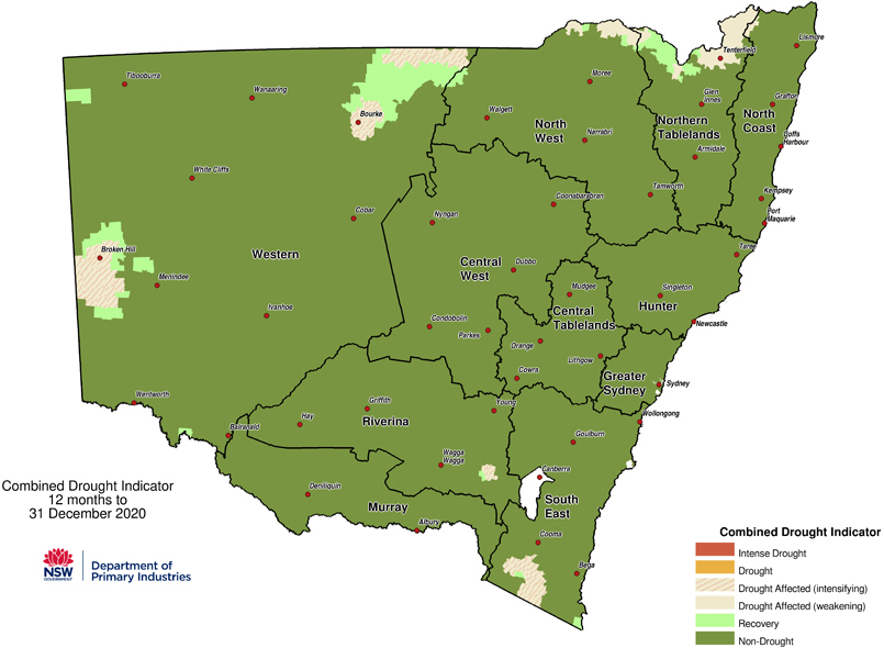 The Department of Primary Industries Verified NSW Combined Drought Indicator, 12 months to 31 December 2020