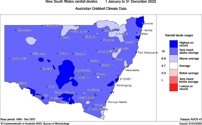 NSW rainfall deciles in 2022
