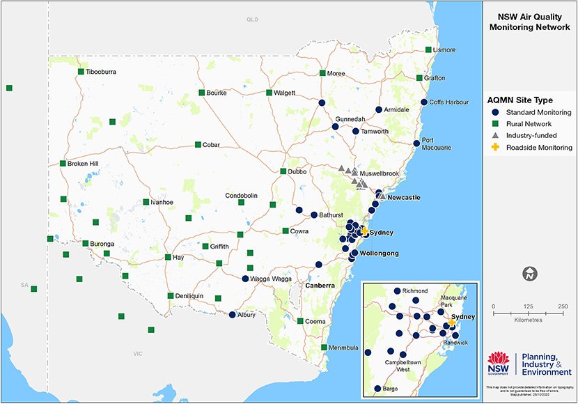 NSW Air Quality Monitoring Network, showing station types