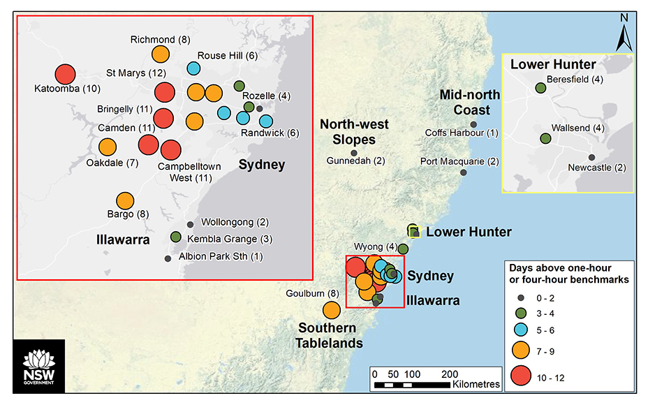 Map showing number of days with ozone concentrations above the one-hour or four-hour benchmarks across regions in the standard monitoring network and at the bushfire air quality monitoring stations, spring–summer 2019–2020