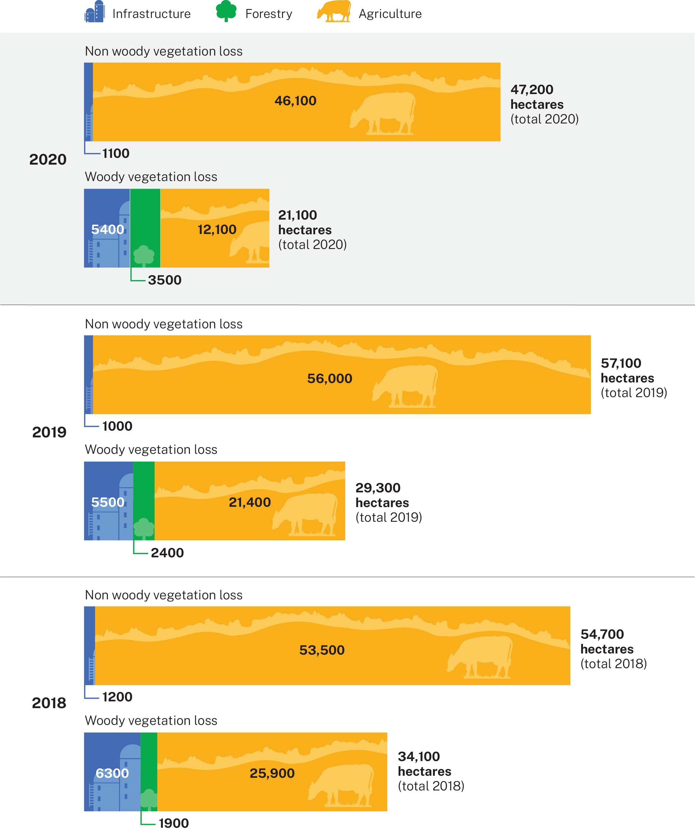 Infographic representing woody and non woody vegetation loss on rural regulated land in 2018, 2019 and 2020 according to landcover classes: agriculture, forestry and infrastructure.