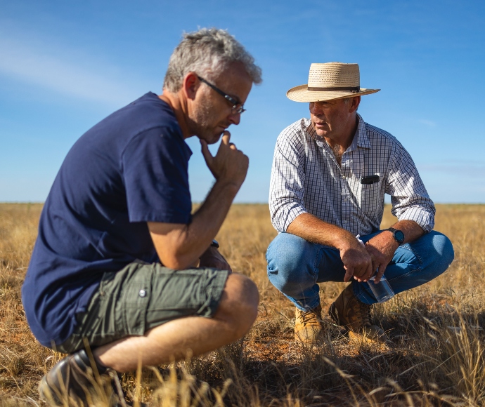 Dave Parker (SoS) and farmer Bert Matthews inspect plains-wanderer (Pedionomus torquatus) habitat