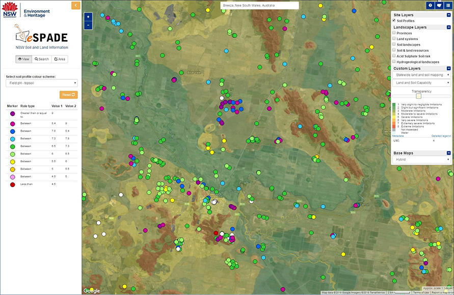 Screenshot of eSPADe showing map of soil and land resources mapping, Land and Soil Capability, and soil profiles classified by their inclusion of laboratory soil tests