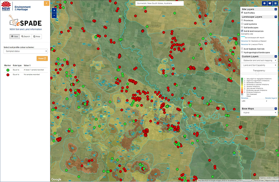 eSPADE showing a combination of soil profile points (sampled and unsampled), soil and land resource mapping and Land and Soil Capability in the Liverpool Plains of NSW