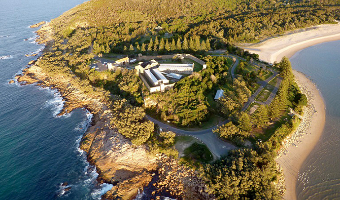 Bird's eye view of Trial Bay Gaol campground, Arakoon National Park