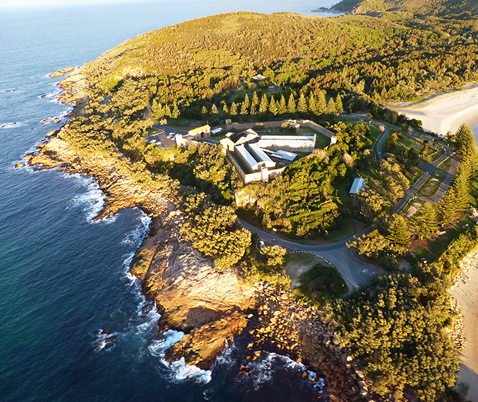 Trial Bay Gaol campground from helicopter