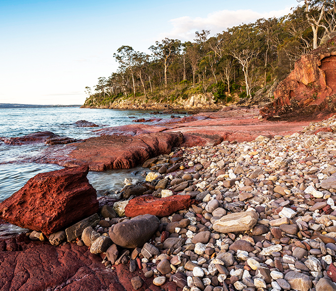 Beach strewn with white pebbles and red boulders, trees and water in distance