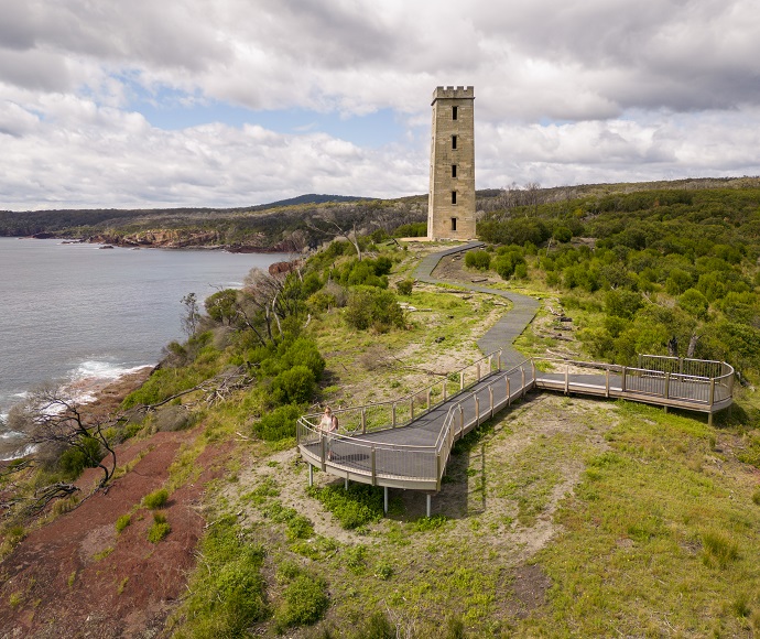 Aerial view of Boyd's Tower on a headland in Beowa National Park