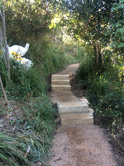 Sandstone steps replace the old kopper logs making it easier for walkers and the new surface will reduce erosion and make the track easier to walk in wet conditions, Bouddi Coastal Walk