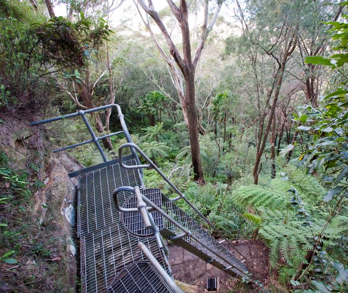 Damage to metal stairway on Sublime Point walking track, Illawarra Escarpment State Conservation Area