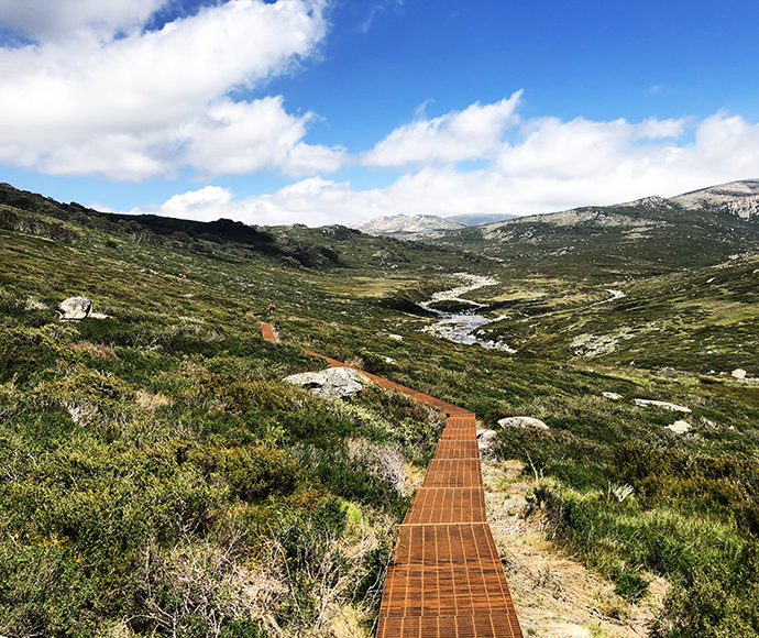 On the Guthega to Charlotte Pass Track looking out towards the Main Range and the headwaters of the Snowy River.