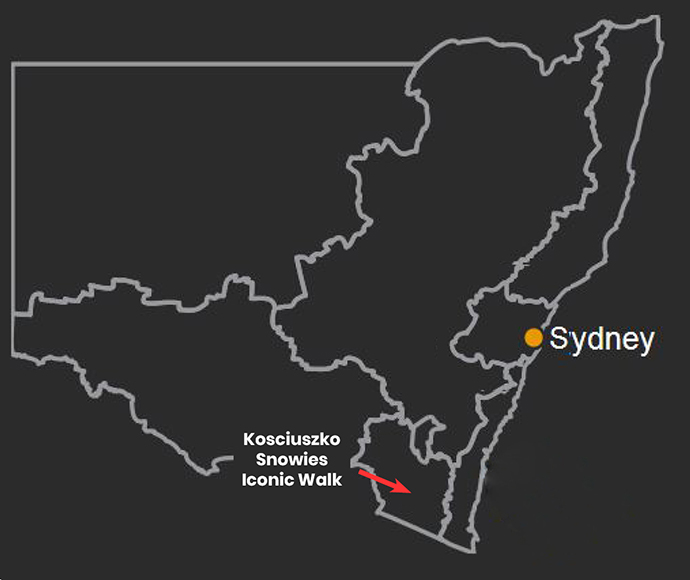 Map of NSW showing Snowies Iconic Walk locality