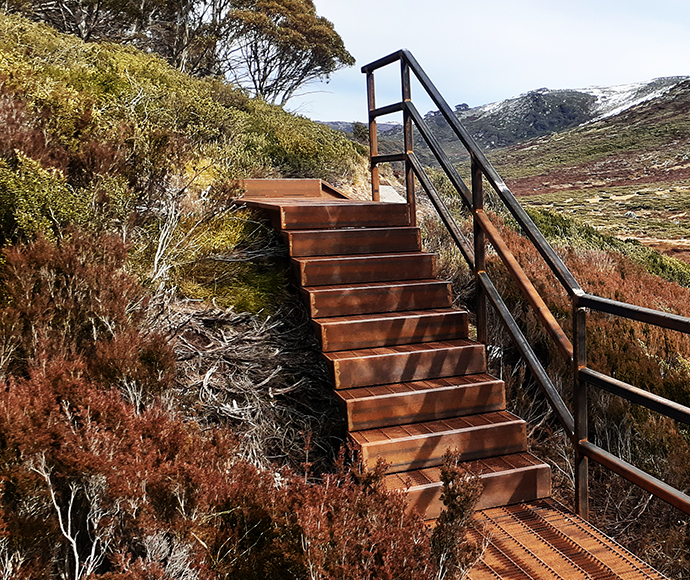 Steps beside the Snowy River on the Guthega to Charlotte Pass track.