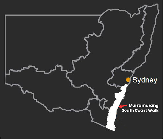 Map of NSW showing the location of the Murramarang South Coast Walk