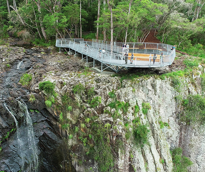 The new Minyon Falls precinct including the lookout platform, picnic area and new toilets, Nightcap National Park.