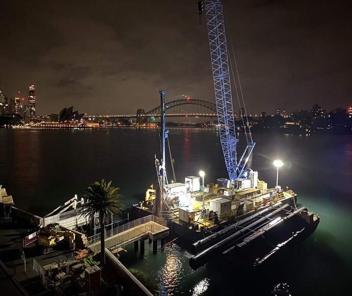 Piling works continuing at Fort Denison during the night when the harbour is calmer