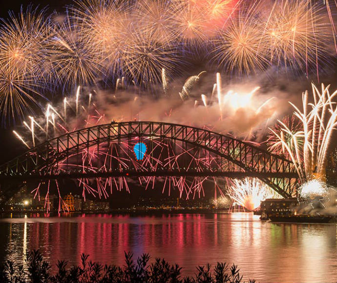 New Years Eve fireworks, view from Goat Island in Sydney Harbour National Park