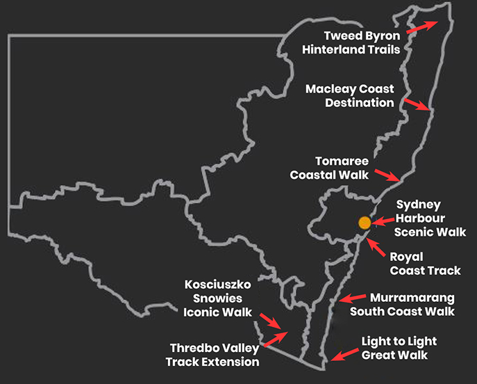 Map of NSW showing locations of Visitor Infrastructure Projects