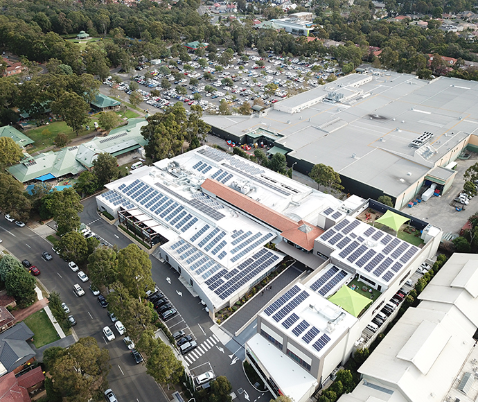 Aerial view of solar panels on the roof of Club Central, Menai