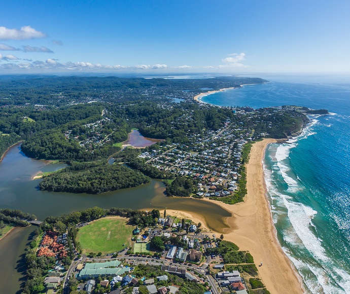 Aerial view of Terrigal Beach and Haven, with Avoca Beach in the distance