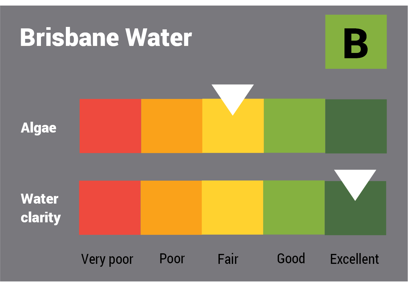 Brisbane Water water quality report card showing colour-coded ratings (red, orange, yellow, light green and dark green, which represent very poor, poor, fair, good and excellent, respectively) for algae and water clarity. Algae is rated 'good' and water clarity is rated 'excellent', giving an overall rating of 'excellent' or 'A'.
