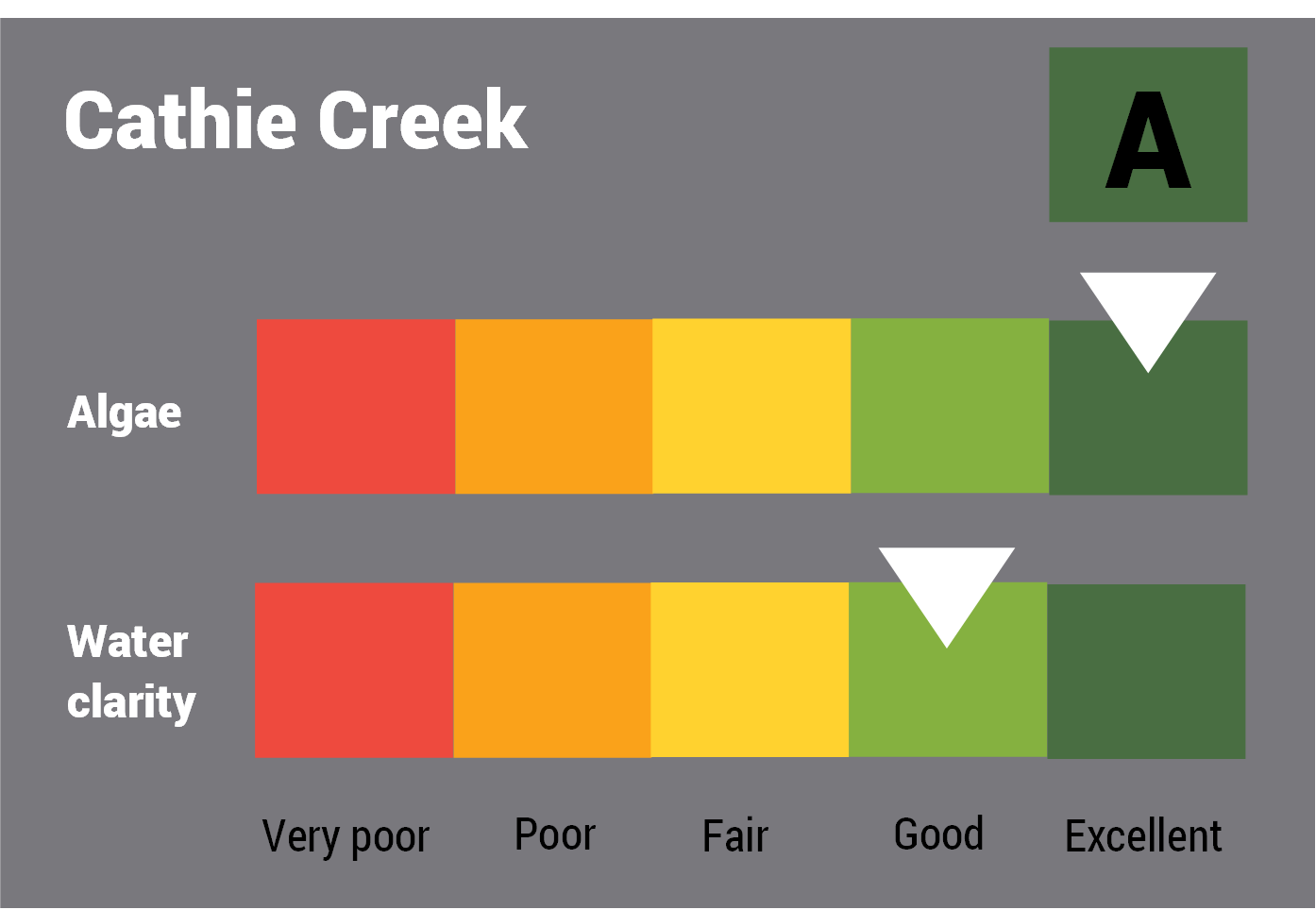Cathie Creek water quality report card for algae and water clarity showing colour-coded ratings (red, orange, yellow, light green and dark green, which represent very poor, poor, fair, good and excellent, respectively). Algae is rated 'good' and water clarity is rated 'excellent' giving an overall rating of 'excellent' or 'A'.