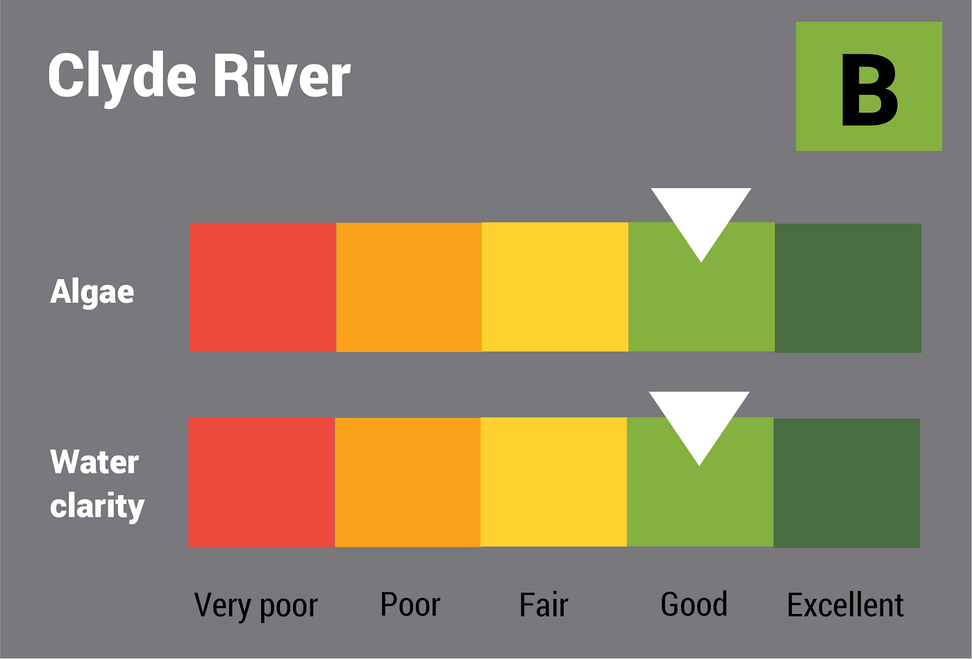 Clyde River water quality report card for algae and water clarity showing colour-coded ratings (red, orange, yellow, light green and dark green, which represent very poor, poor, fair, good and excellent, respectively). Algae is rated 'good' and water clarity is rated 'good' giving an overall rating of 'good' or 'B'.
