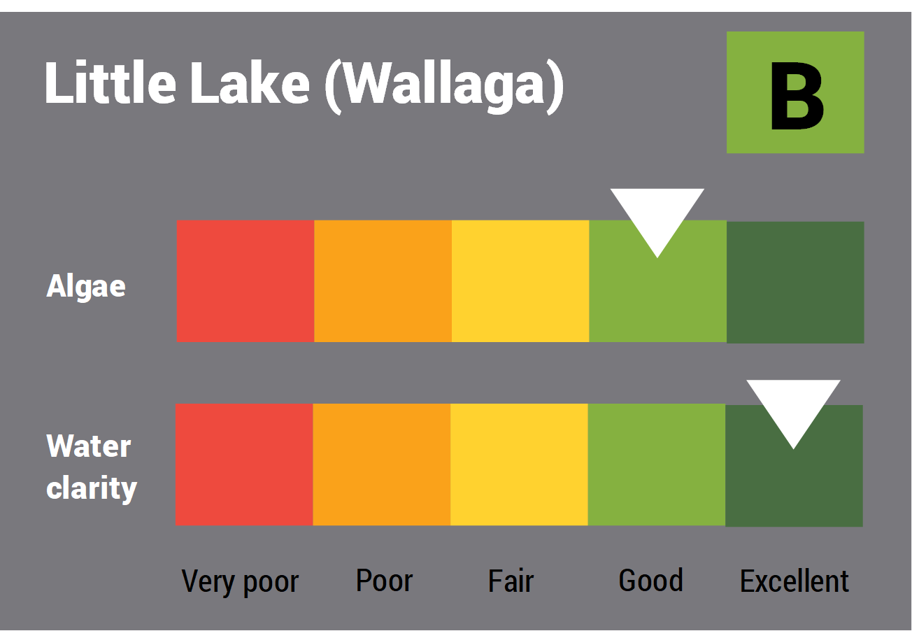 Little Lake (Wallaga) water quality report card for algae and water clarity showing colour-coded ratings (red, orange, yellow, light green and dark green, which represent very poor, poor, fair, good and excellent, respectively). Algae is rated 'good' and water clarity is rated 'excellent' giving an overall rating of 'good' or 'B'.