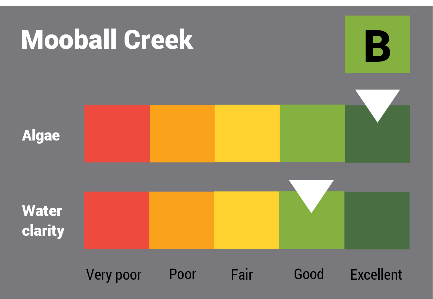 Mooball Creek water quality report card for algae and water clarity showing colour-coded ratings (red, orange, yellow, light green and dark green, which represent very poor, poor, fair, good and excellent, respectively). Algae is rated 'good' and water clarity is rated 'good' giving an overall rating of 'good' or 'B'.