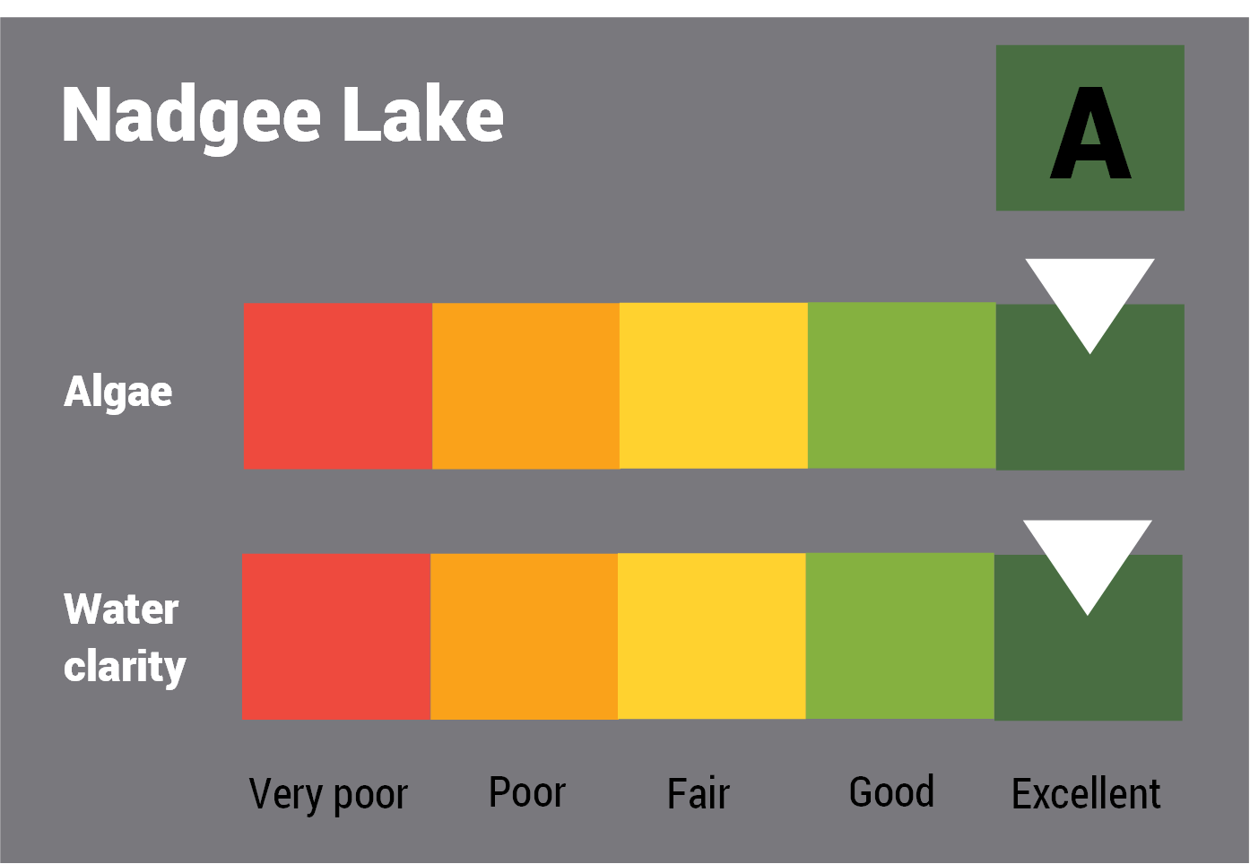 Nadgee Lake water quality report card for algae and water clarity showing colour-coded ratings (red, orange, yellow, light green and dark green, which represent very poor, poor, fair, good and excellent, respectively). Algae is rated 'excellent' and water clarity is rated 'excellent' giving an overall rating of 'excellent' or 'A'.