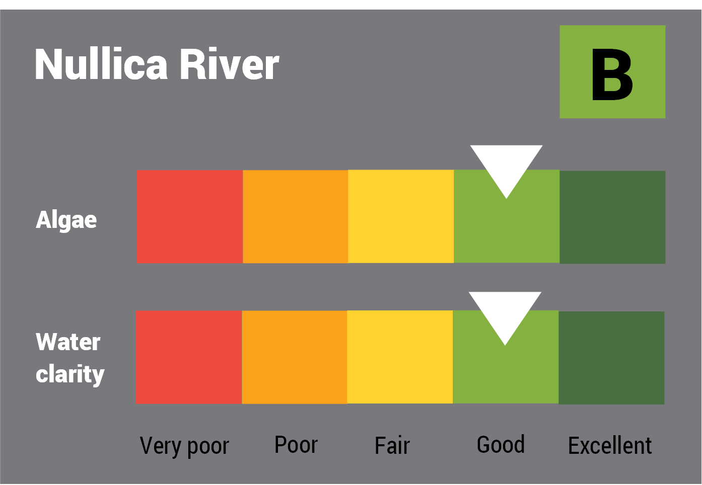 Nullica River water quality report card for algae and water clarity showing colour-coded ratings (red, orange, yellow, light green and dark green, which represent very poor, poor, fair, good and excellent, respectively). Algae is rated 'excellent' and water clarity is rated 'excellent' giving an overall rating of 'excellent' or 'A'.