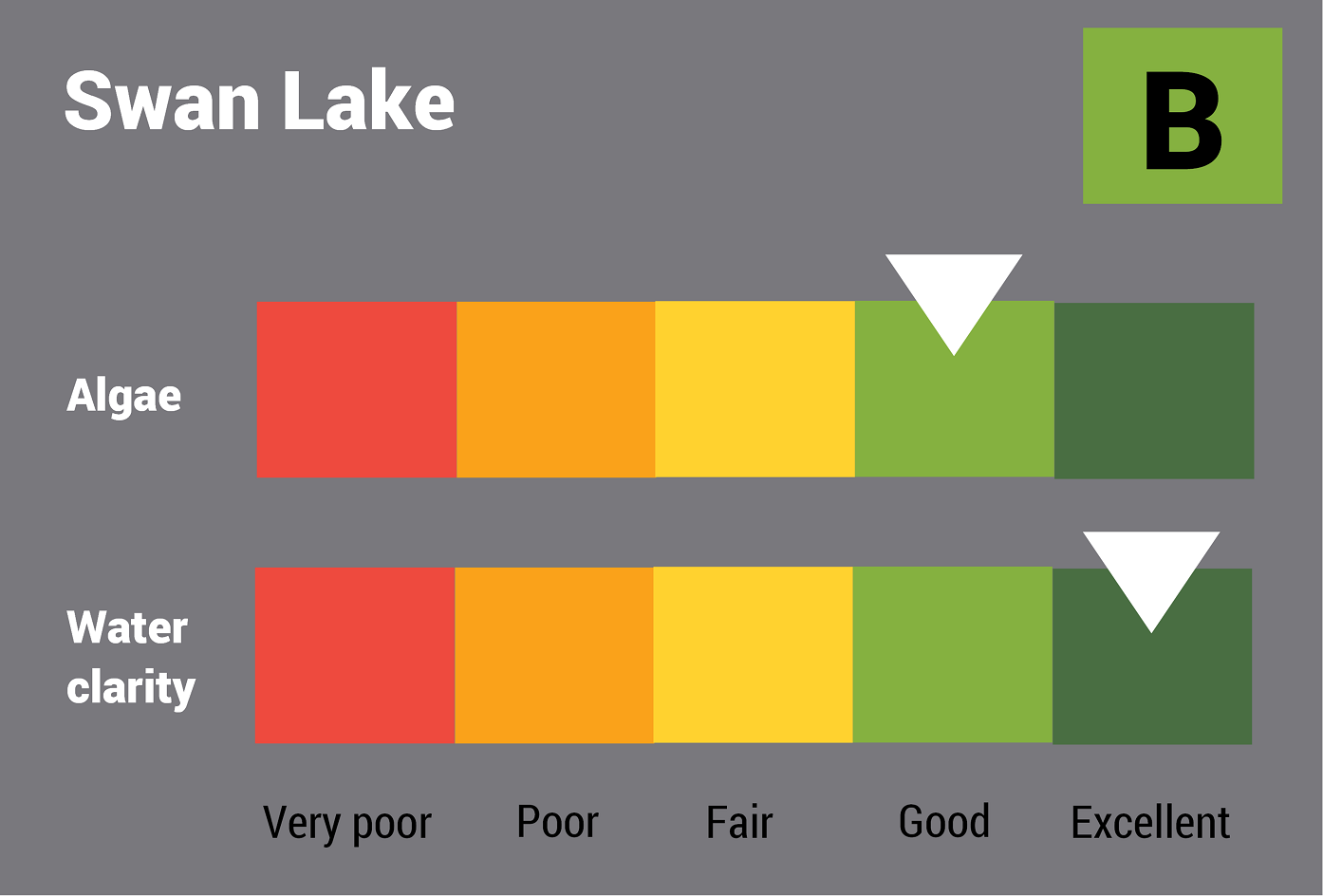 Swan Lake water quality report card for algae and water clarity showing colour-coded ratings (red, orange, yellow, light green and dark green, which represent very poor, poor, fair, good and excellent, respectively). Algae is rated 'good' and water clarity is rated 'excellent' giving an overall rating of 'good' or 'B'.