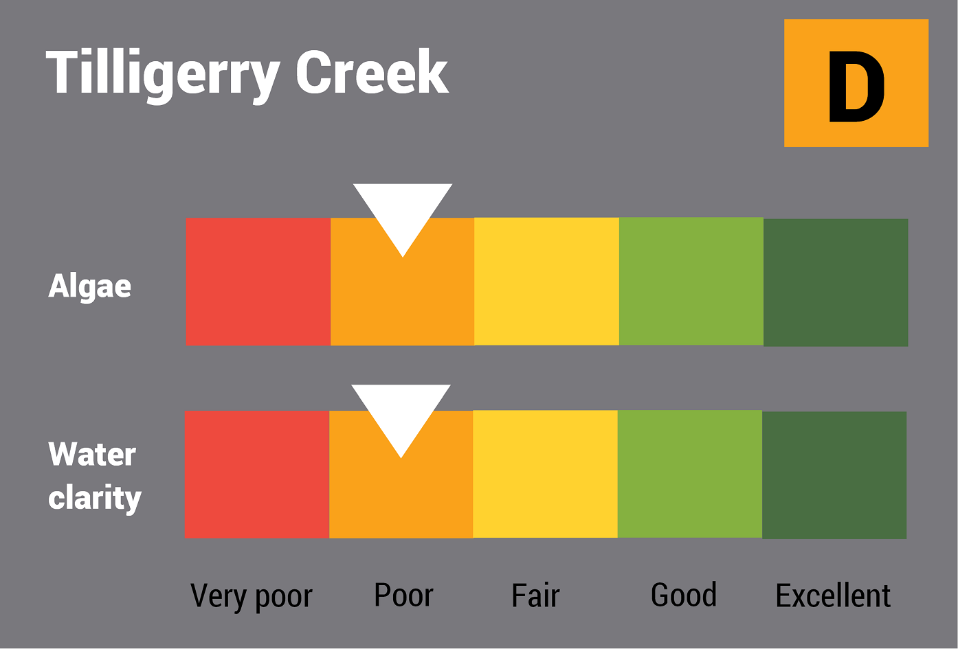 Tilligerry Creek water quality report card for algae and water clarity showing colour-coded ratings (red, orange, yellow, light green and dark green, which represent very poor, poor, fair, good and excellent, respectively). Algae is rated 'poor' and water clarity is rated 'poor' giving an overall rating of 'very poor' or 'D'.
