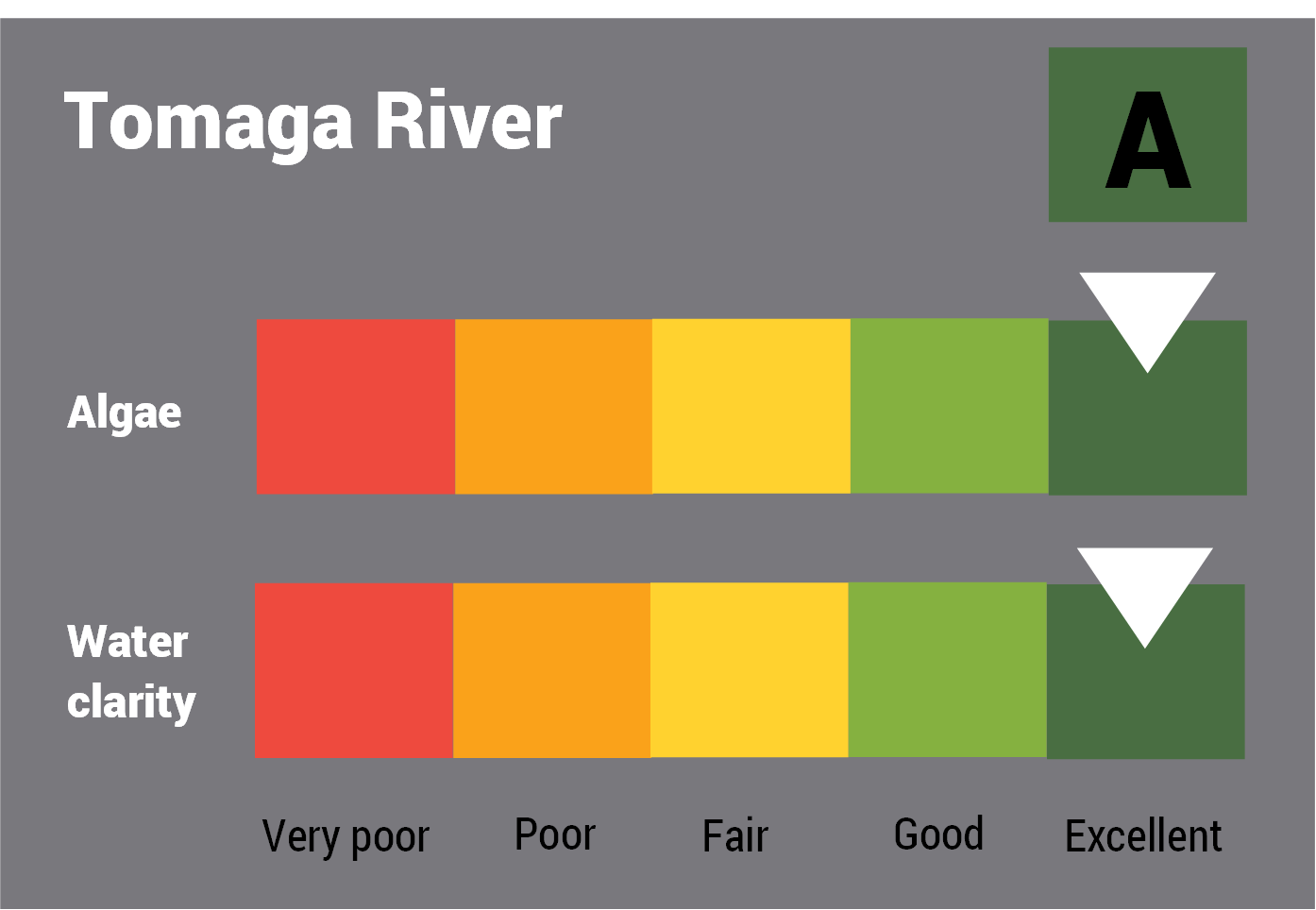 Tomaga River water quality report card for algae and water clarity showing colour-coded ratings (red, orange, yellow, light green and dark green, which represent very poor, poor, fair, good and excellent, respectively). Algae is rated 'excellent' and water clarity is rated 'good' giving an overall rating of 'excellent' or 'A'.