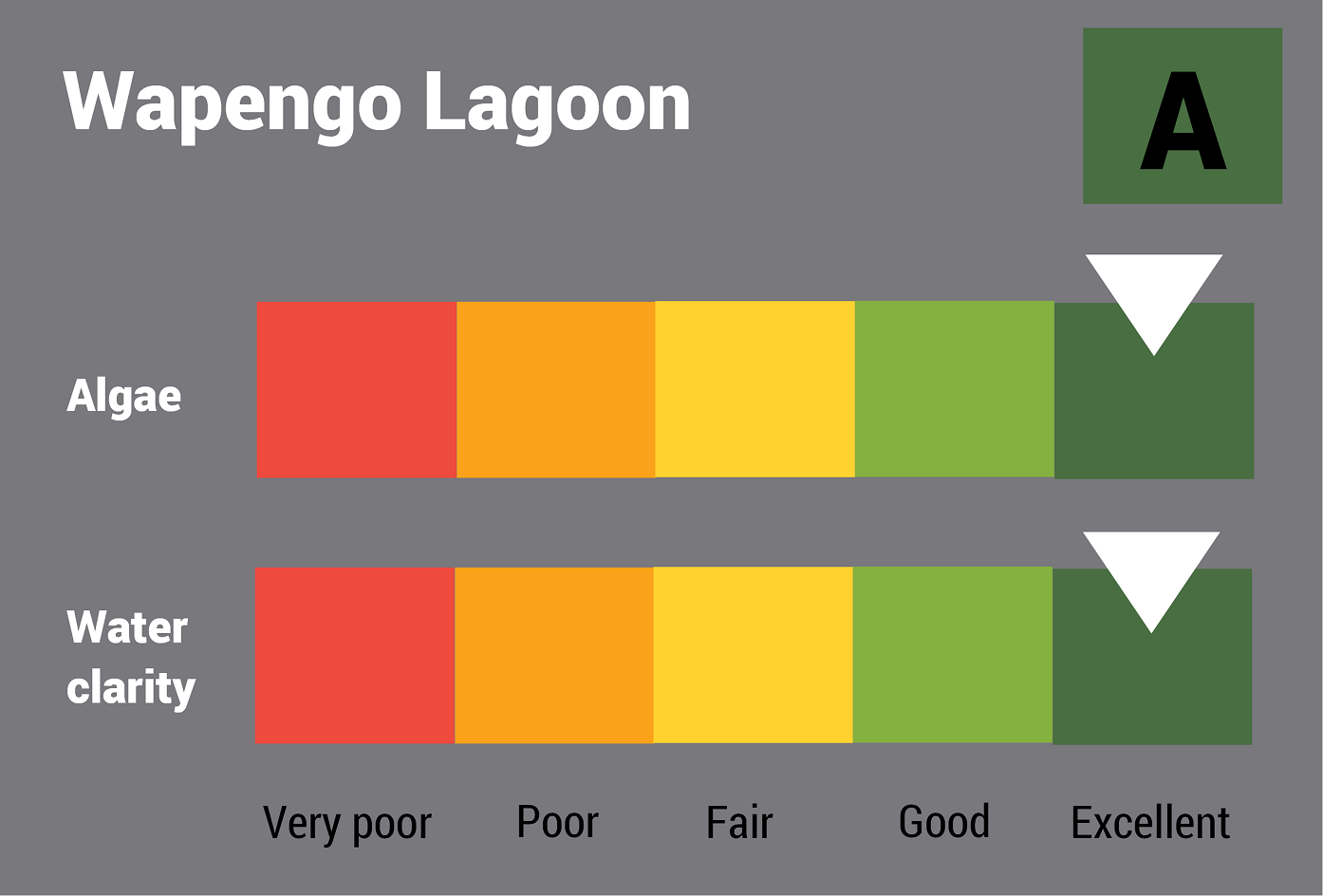 Wapengo Lagoon water quality report card for algae and water clarity showing colour-coded ratings (red, orange, yellow, light green and dark green, which represent very poor, poor, fair, good and excellent, respectively). Algae is rated 'excellent' and water clarity is rated 'excellent' giving an overall rating of 'excellent' or 'A'.